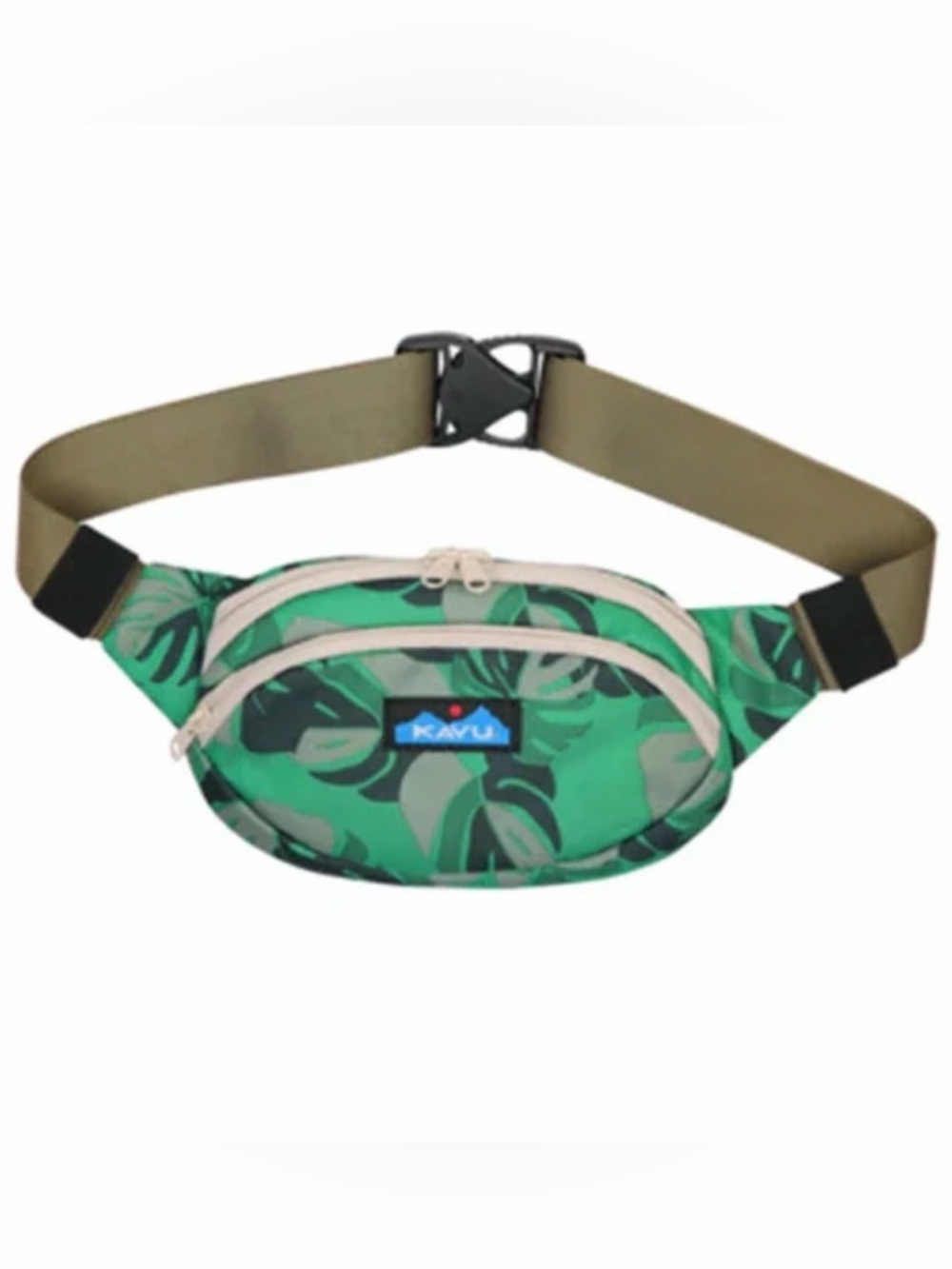 Kavu Green Leaf Print Fanny Pack with Tan Accents